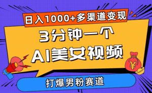 3分钟一个AI美女视频，打爆男粉流量，日入1000+多渠道变现，简单暴力，…-云资源库