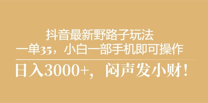 抖音最新野路子玩法，一单35，小白一部手机即可操作，，日入3000+，闷…-云资源库