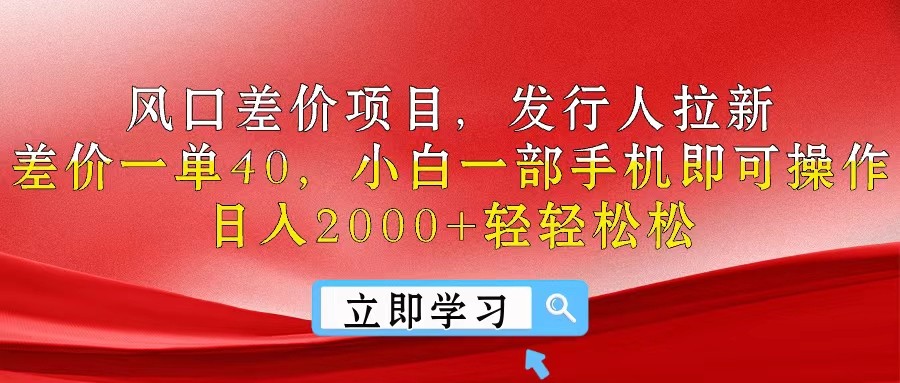 风口差价项目，发行人拉新，差价一单40，小白一部手机即可操作，日入20…-云资源库