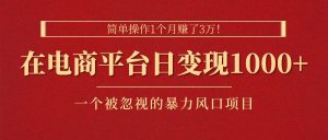 简单操作1个月赚了3万！在电商平台日变现1000+！一个被忽视的暴力风口…-云资源库