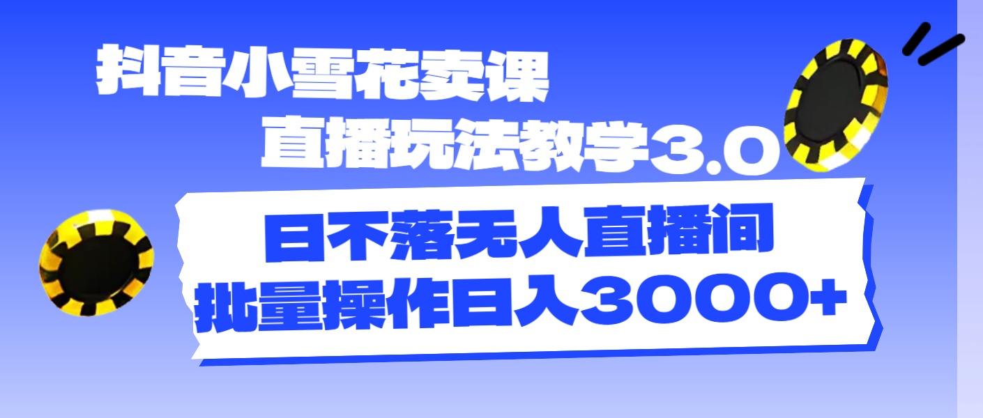 抖音小雪花卖课直播玩法教学3.0，日不落无人直播间，批量操作日入3000+-云资源库