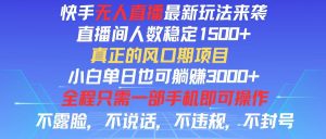 快手无人直播全新玩法，直播间人数稳定1500+，小白单日也可躺赚3000+，…-云资源库