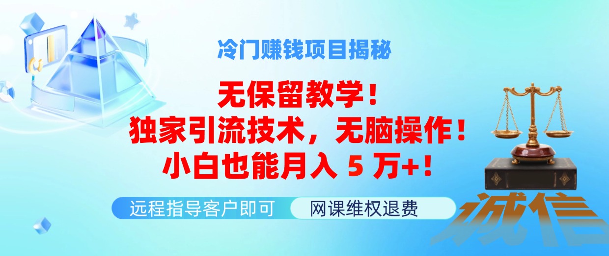 冷门赚钱项目无保留教学！独家引流技术，无脑操作！小白也能月入5万+！-云资源库