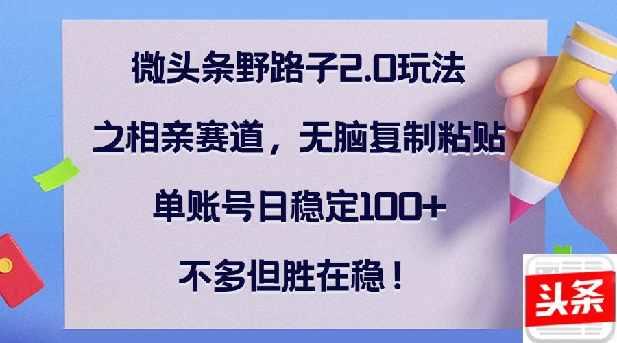 微头条野路子2.0玩法之相亲赛道，无脑复制粘贴，单账号日稳定100+，不…-云资源库